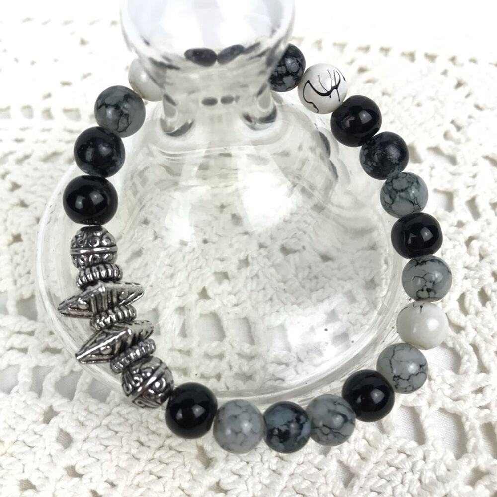 Bracelet Marble Glass Bead Stretch Gray Black
